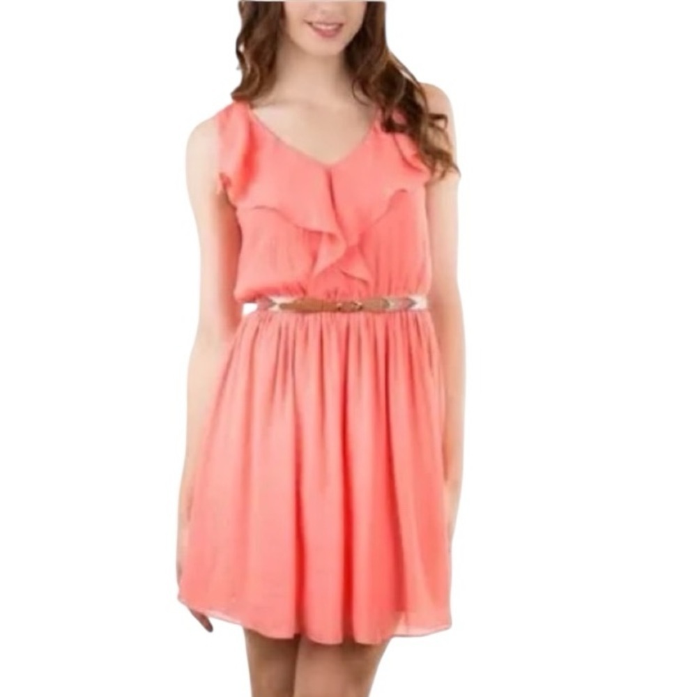IZ Byer “NEW” Orange Belted Romantic Coquette Ruffle V-Neck Mini Dress Size S